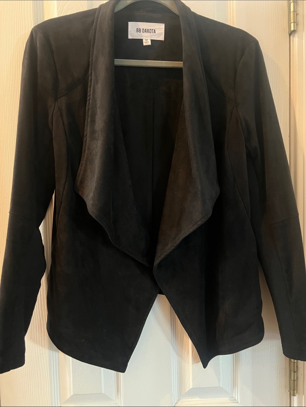 BB Dakota Black Suede Draped Open-Front Blazer